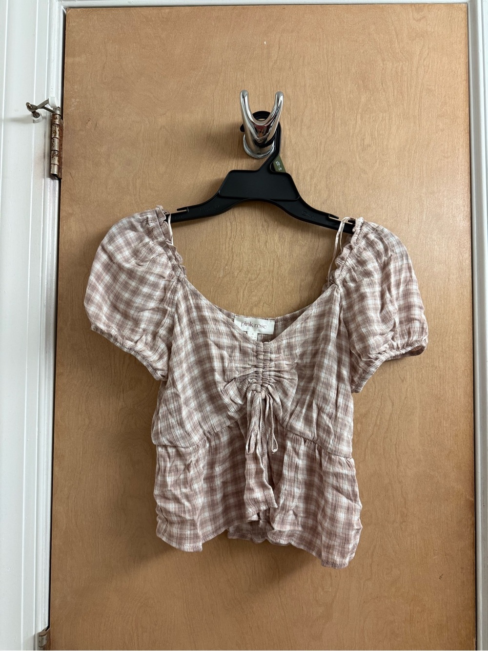 Gingham Taupe/Tan Check Puff Sleeve Top Sz S
